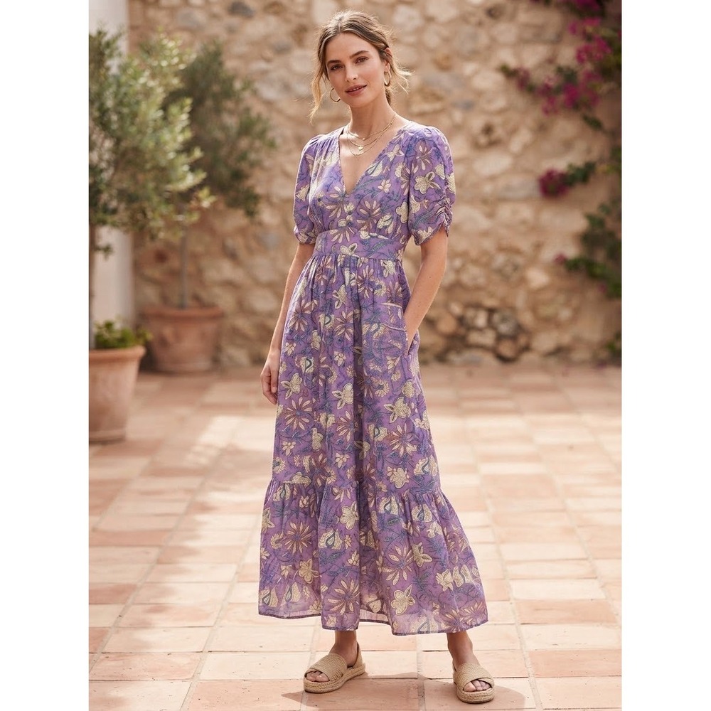 XIRENA Purple Floral Block Print V-Neck Tiered Maxi Dress XS Boho Puff Sleeve